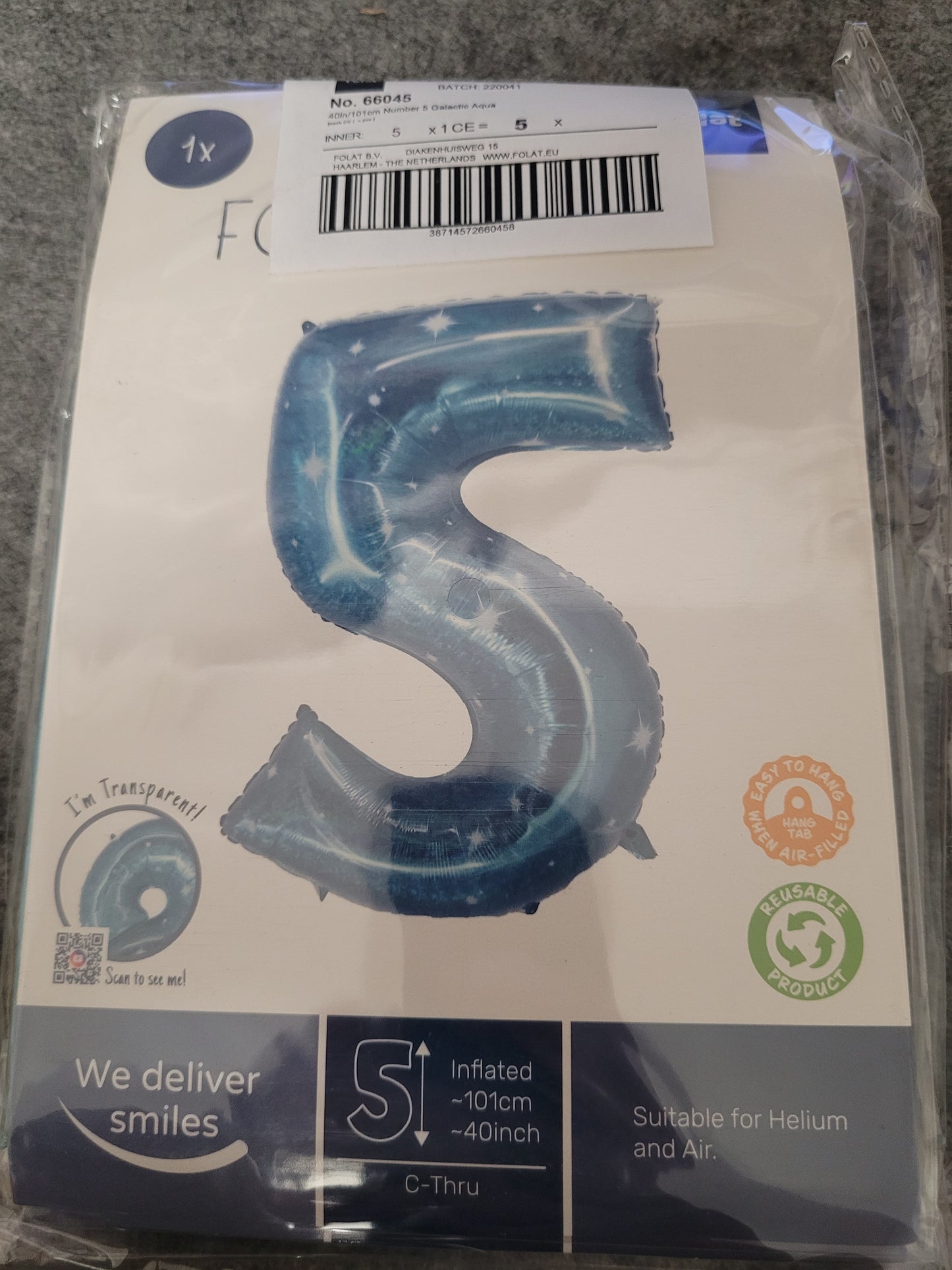 5er Pack Folienballons von Folat, 101 cm groß in Galactic Aqua. Geeignet für Luft und Helium.