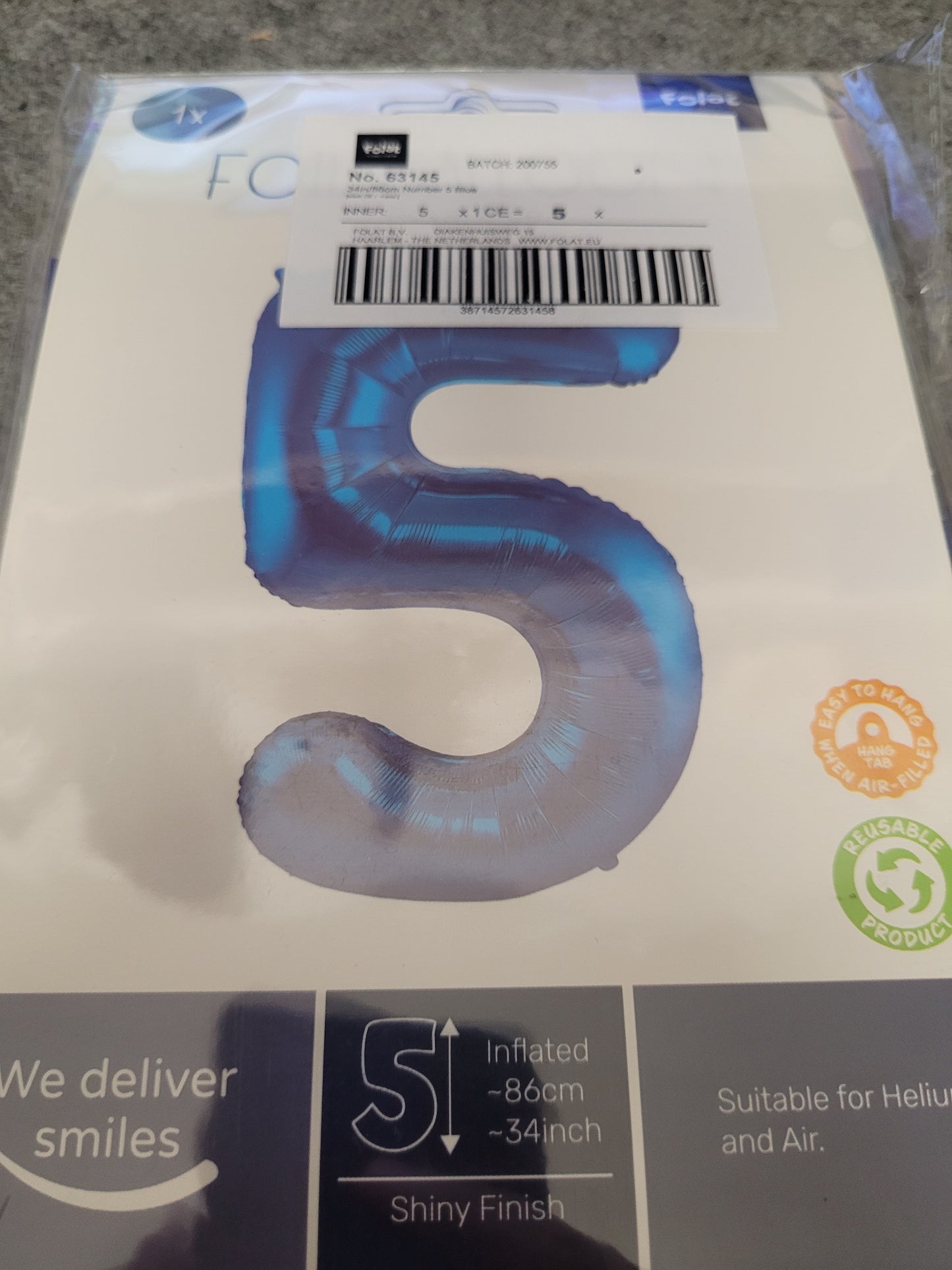 5er Pack Folienballons von Folat. 86cm groß. Nummer 5.