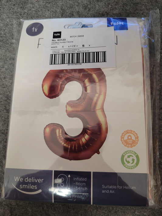 5er Pack Folienballons, Nummer 3 in Bronze